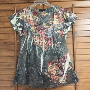 B.L.E.U. Tunic Top L Stretch Floral Fall Winter